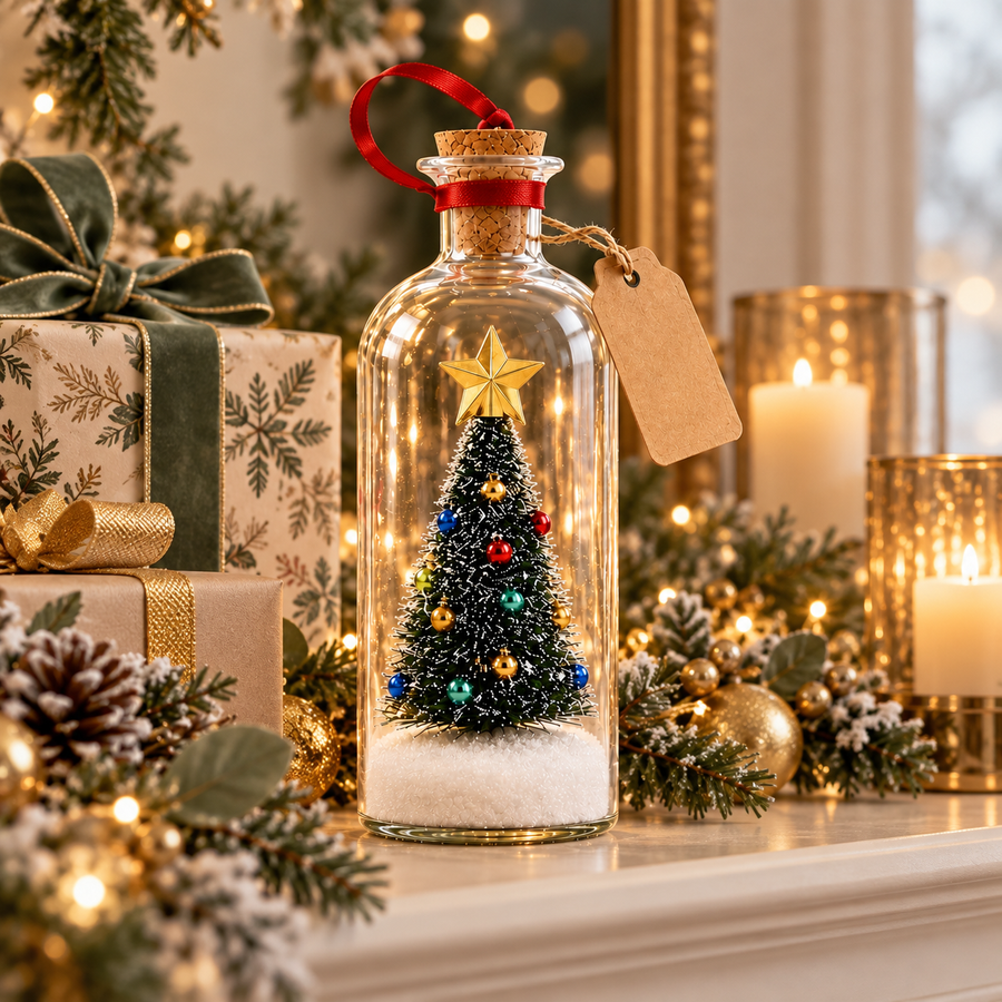 Recordable Christmas tree bottle displayed on a holiday mantel