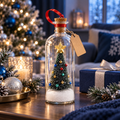 Christmas Message Bottle: mini snowy Christmas tree in a clear plastic bottle with a cork and gift tag