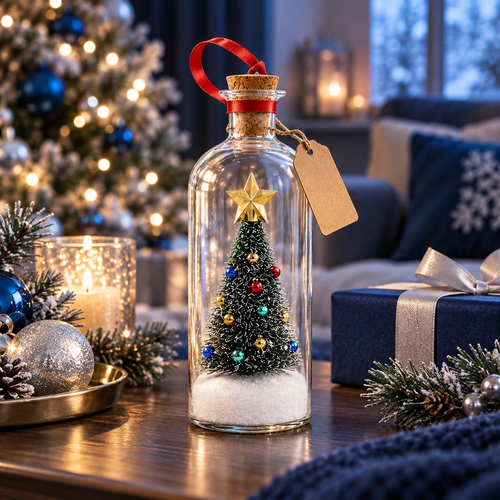 Christmas Message Bottle: mini snowy Christmas tree in a clear plastic bottle with a cork and gift tag
