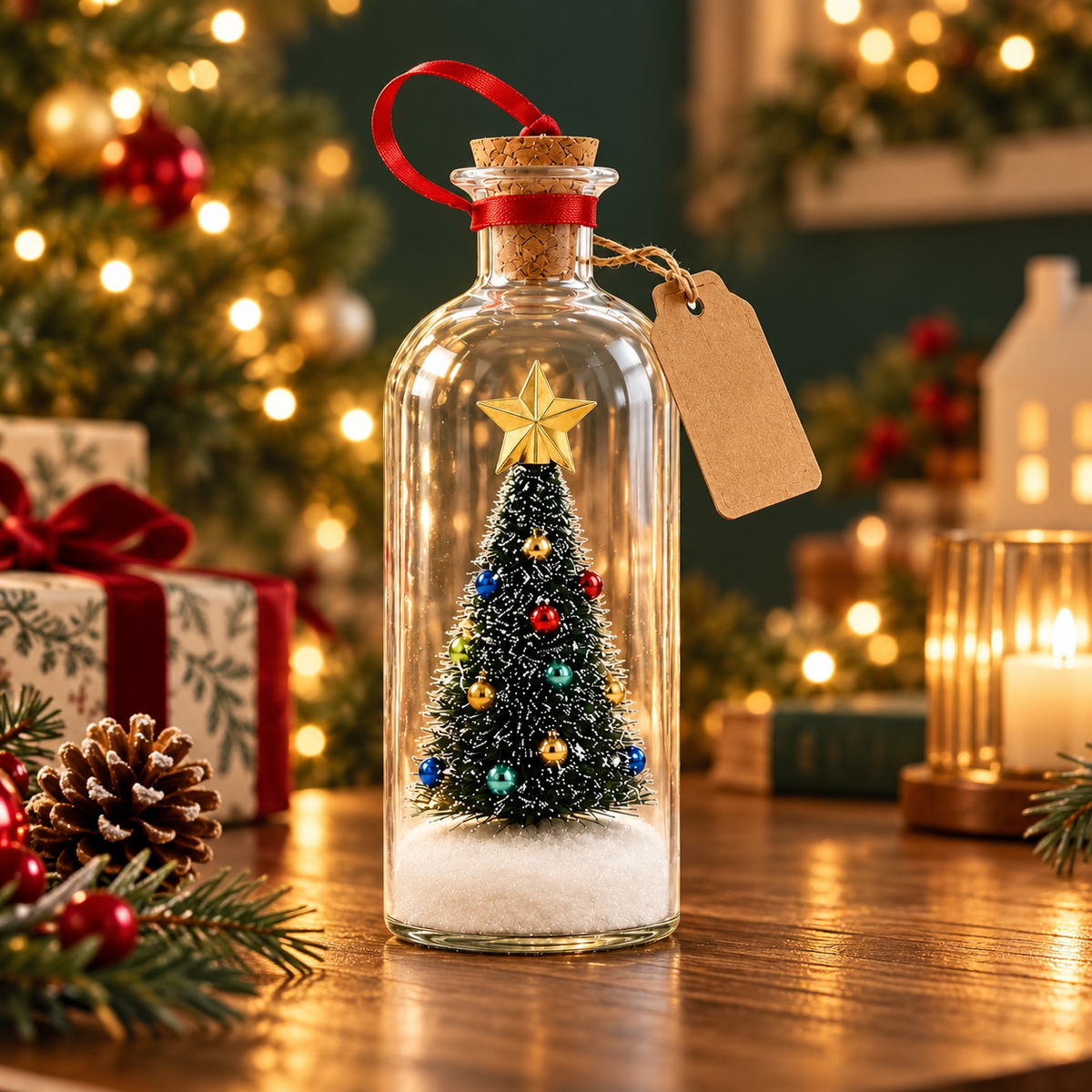 Christmas Message Bottle shown in different holiday settings